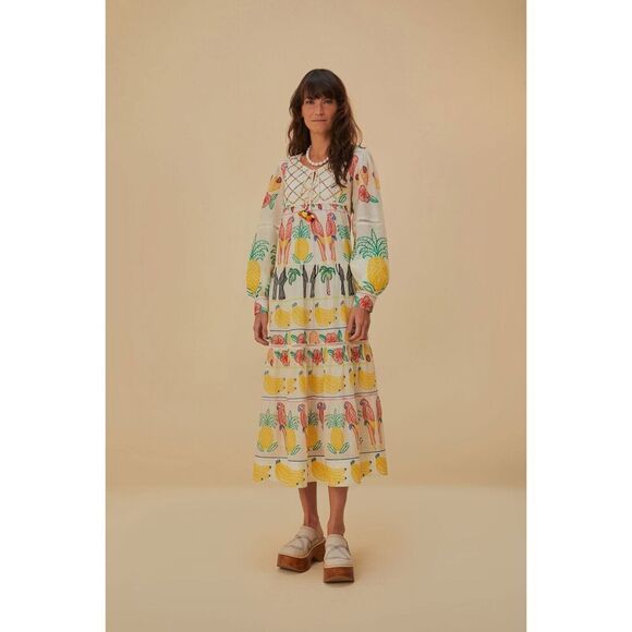 FARM Rio Dresses & Skirts - Farm Rio Off-White Tropicolors Yoke Embroidered Midi Dress Small NEW